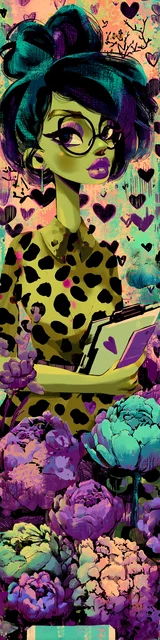 Free teacher bookmark featuring a green-skinned teacher with flowers and a green clipboard